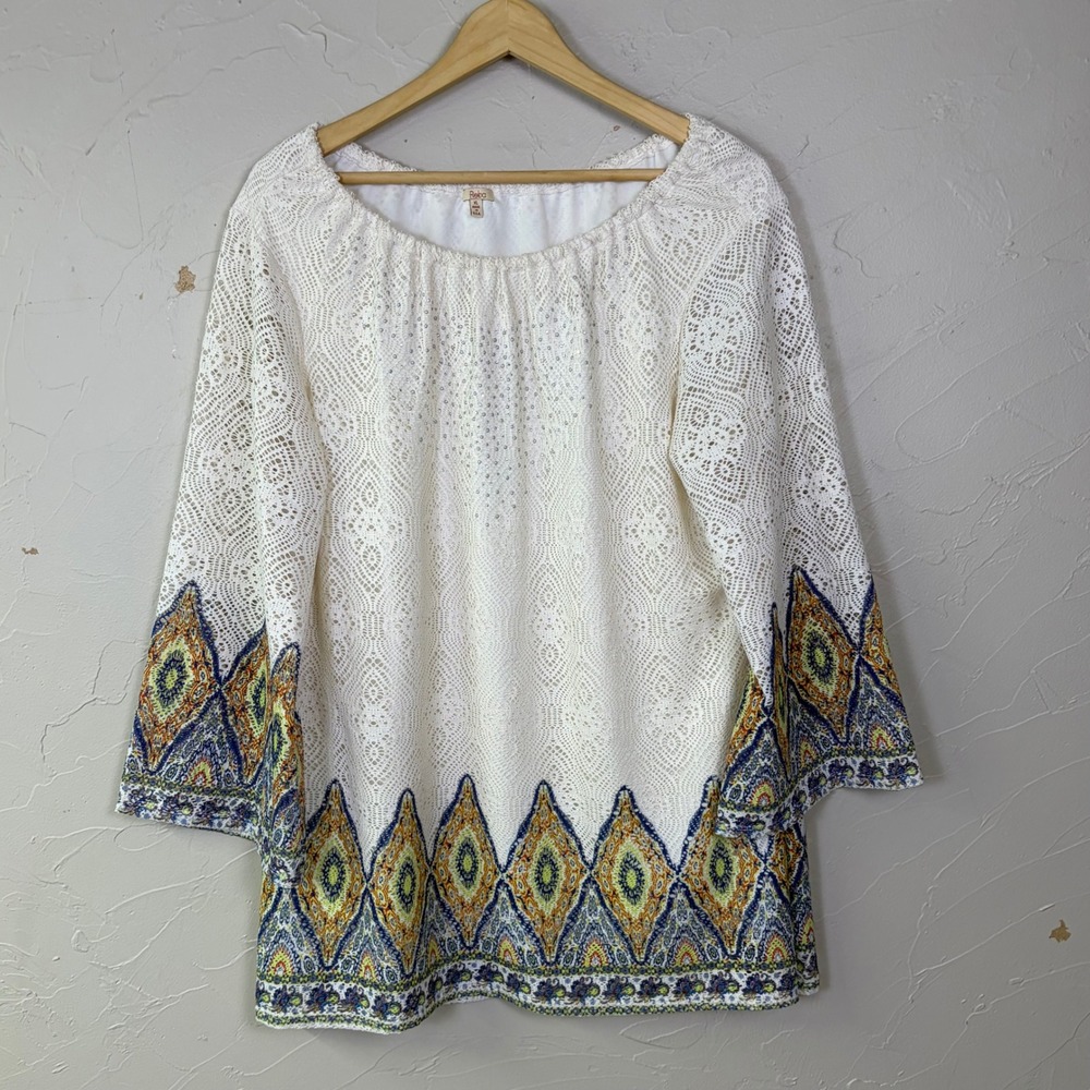 Reba Lace Tunic Top Women XL White Paisley Border Print Boho Peasant